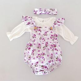 Clothing Sets Flofallzique 2023 Spring Autumn White Cotton Long Sleeve Top And Purple Flower Romper Born Girl Suit