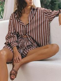Women's Tracksuits Msfancy Brown Striped 2 Pieces Sets Women Shorts Long Sleeve Shirt Matching Outfits 2023 Casual Beach Wear