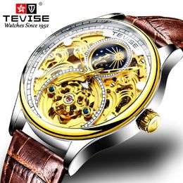 Tevise Mens Uhren Männer Skelett automatische mechanische Uhr Freizeit Lederband Mond Phase Sportuhr Relogio Maskulino247n