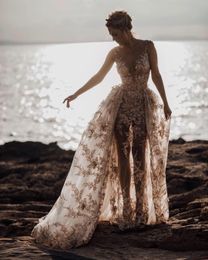 Sexy gold Lace 2023 Wedding Gowns Beach Mermaid Beaded Sheer Neck Vintage Summber Bridal Dresses