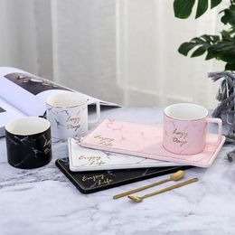 Mugs Creative Marble Colour Ceramic With Spoon And Plate Set Office Coffee Cup Milk Cups Luxury Drinkware CU070909