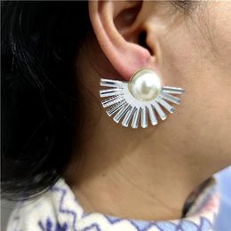Stud Earrings KUGUYS Fan Hollow Out Sunflower Imitation Pearl For Women Acrylic Jewellery Fashion Trendy Mirror Gold Silver Colour