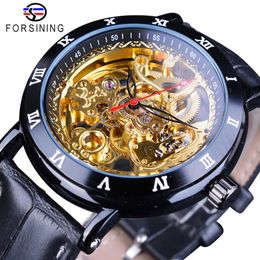 Forsining Royal Flower Carving Gear Golden Movement Genuine Leather Roman Number Bezel Mens Mechanical Watches Top Brand Luxury229M