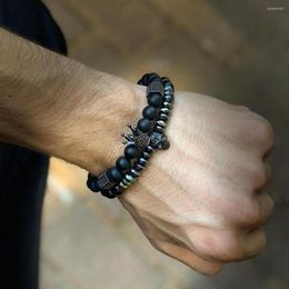 Charm Bracelets 2pcs/set 8mm Black Bead Stone For Men&Women Micro Pave CZ Circle Bracelet Jewelry