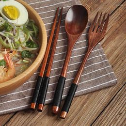 Dinnerware Sets 3-piece Solid Wood Long Handle Spoon Chopsticks Fork Color Wooden Three-Piece Portable Tableware Kitchen Supplies