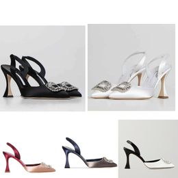 Elegant brand Prietasli sandals Women's sling Crystal buckle Shiny satin high heels Summer women show sexy charm EU35-43