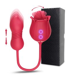 Beauty Items 3 in 1 Rose Toy Vibrator for Woman Tongue Licking Clitoral Stimulator Thrusting G Spot Dildo Clit Nipple Licker Women Goods