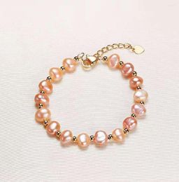 Bangle Handmade Natural 7-8mm Pink Baroque Freshwater Pearl Golden Accessories Clasp Extended Chain Bracelet Long 16 4cm