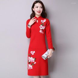 Ethnic Clothing Christmas Dresses Ladies 2023 Knit Dress Autumns Cheongsam Qipao Embroidery Vietnam Traditional TA1262