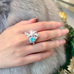 Wedding Rings Premium Blue Bow Paraiba Jewellery Engagement Female Adjustable Size Prom Party Holiday Gift Accessories
