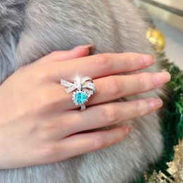 Wedding Rings Premium Blue Bow Paraiba Jewelry Engagement Female Adjustable Size Prom Party Holiday Gift Accessories