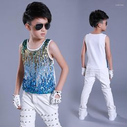 Stage Wear Jazz Costume Boys Colored Sequined Vest Top Hip Hop Street Dancing Clothing Modern Dance Costumes For Kids Show DNV11052