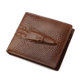 Fashion short bifold coin purse 3d crocodile skin vintage brown business men genuine leather designer wallets2436