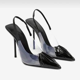 Sapatos sociais sexy para mulheres Boi envernizado emendando sandália de salto agulha TPU transparente Designer 10 cm sandálias de salto alto Slingbacks sapato de bico fino