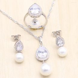 Necklace Earrings Set Heart Shape Cubic Zirconia 925 Sterling Silver Pure White Pearl For Women Pendant Ring Jewelry