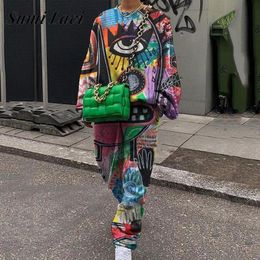 Women s Two Piece Pant Casual Sport Suit Fashion Harajuku Print O Neck Tops And Pencil Set Autumn Hooded Sweatshirt Tracksuit 221231