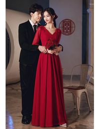 Ethnic Clothing Bride Toast Dress Wine Red Wedding Engagement Long Elegant Evening Sequin Applique V Neck Vestidos