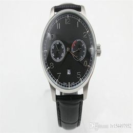 Mens Automatic Cal 51011 Watch Black Dial 500703 Leather Men Eta Watches Power Reserve Swiss Date Wristwatches184z