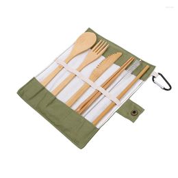 Dinnerware Sets Portable Eco Friendly Flatware Set 7PCS Bamboo Cutlery Knife Fork Spoon Reusable Straws Chopsticks Travel Utensils