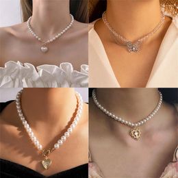 Pendant Necklaces Korean Elegant Pearl Beads Necklace For Women Ladies Fashion Rhinestone Butterfly Heart Pendent Choker Jewellery