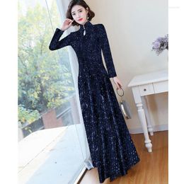 Ethnic Clothing Sequin Velvet Cheongsam Qiapo Dress Women Elegant Party Prom Gowns Luxury Formal Long Sleeve Evening Chinese