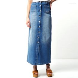 Skirts Women Long Skirt Jeans Denim Elegant High Waist Single Breasted Maxi Front Slit Outfit Office Lady Casual Streetwear Party