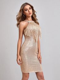 Casual Dresses Summer Women Sexy Halter Tassel Sequin Gold Dress Elegant Sleeveless Night Mini Party Champagne Fringe Bodycon