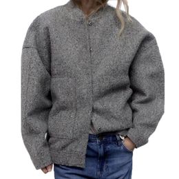 Women s Jackets za Coat Bombers Grey Outwear With Button Solid Long Sleeve Top Casual Loose Winter Warm Woman traf 221231