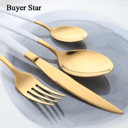 Flatware Sets Buyer Star 16-48PCS Stylish White Handle And Gold Stainless Steel Cutlery Service For 4 Including Fork Spoon Knife