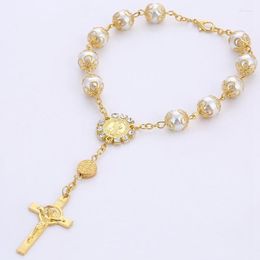Link Bracelets Bracelet Imitation Pearl Beads Catholic Rosary Holy Communion Cup Gift Cross Crucifix Pendants Alloy Jewelry