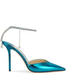 Saeda 100 -мм одежда для обуви женщин синие патентные кожаные сандалии свадебные насосы Страс Страник Женщины Элегантные Пуант Роскошные бренды Леди высокие каблуки