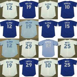 qqq8 C202 Toronto Blue ROBERTO ALOMAR PAUL MOLITOR JOE CARTER PAT BORDERS JOHN OLERUD SHAWN GREEN DEVON WHITE throwback Baseball Jersey