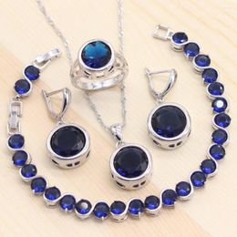 Necklace Earrings Set 925 Sliver Women Wedding 4PCS Blue Cubic Zirconia Bracelets Pendant Rings Jewellery Free Gifts Box