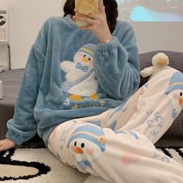 Women's Sleepwear Autumn Winter Warm Flannel Women's Pajamas Set Long-sleeved Trousers Two-piece Cute Soft Home Wear Clothes For Women