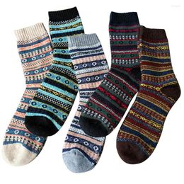 Men's Socks 5 Pairs Winter Vintage Men Colour Block Thick Warm Elastic Middle Tube