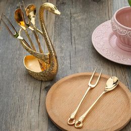 Flatware Sets 7Pcs Swan Fruit Base Holder Forks Set Stainless Steel Salad Dessert Coffee Spoon Cake Tableware Zero Waste