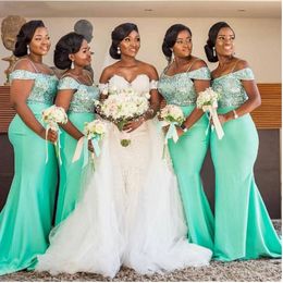 Mint Green Long Bridesmaid Dresses For Black Women Spaghetti Straps Mermaid Sequin Satin Formal Wedding Party Gowns Plus Size