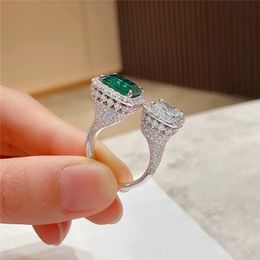 2023 Ins Top Sell Wedding Rings Sparkling Luxury Jewelry 925 Sterling Silver Princess Cut Emerald Party CZ Diamond Promise Women Adjustable Open Ring Gift