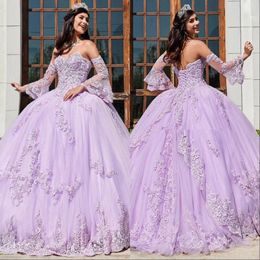 Lavender Lace Beaded Ball Gown Quinceanera Dresses Sweetheart Neck Tulle Appliqued Prom Gowns With Wrap Sweep Train Sweety 15 2023