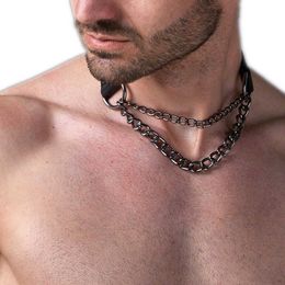 Man Harness Chain Collar PU Leather Handmade Punk Style Neck Necklace Bondage Fetish Gay Lothing Adjustable Accessories 2022