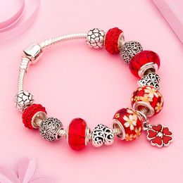Charm Bracelets Classic Red Flower Leaf Crystal Bracelet Tibetan Silver Heart Plant Casual Bead Bangles Pulseira Feminina