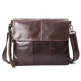Moda vintage orijinal deri omuz çantası yüksek kaliteli kahverengi gündelik omuz çanta erkekler için büyük kapasite iş brifing2610