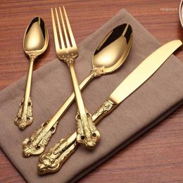 Dinnerware Sets European-Style Stainless Steel Retro Golden Relief Household Eating Steak Knife Fork And Spoon Set Western Tableware