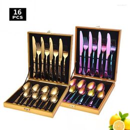 Dinnerware Sets Stainless Steel Tableware 16 Piece Set Gold Plated 1010 Western Steak Knife Fork Spoon Wooden Box