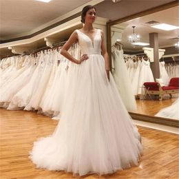 Charming V Neck Wedding Dresses Bohemian Bridal Gown Sexy Backless Simple Design Sweep Train Formal Bride Dress