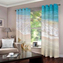 Curtain Window Blackout Luxury 3D Curtains Blue Sea White Wave Shell Living Room Office El Home Wall Decorative