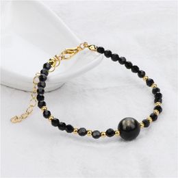 Link Bracelets 4MM Facted Beads Black Obsidian For Women Men Braided Bracelet 10MM Natural Stone Charm Hematite Wristbands Jewellery