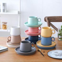 Cups Saucers 250ML Pure Colour Macaron Matte Frosted Ceramic Coffee Mug And Saucer Set Breakfast Tea Cup Lovers Big Belly Water