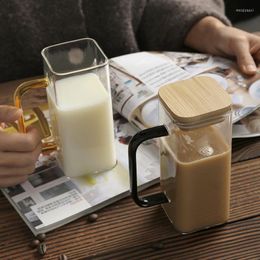 Wine Glasses Square Transparent Glass Water Bottle Cup Milk Juice Coffee Mug Tumbler Bubble Tea With Handle And Cover