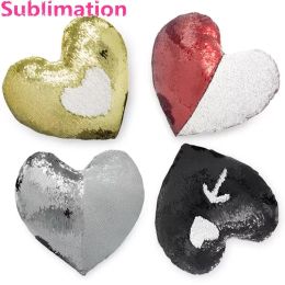 DHL DIY Sublimation Pillow Cover Polyester Cushion Pillow Case With Zipper Sequins Heart Shape Throw Pillowcases For Mother's Day Party Favor New